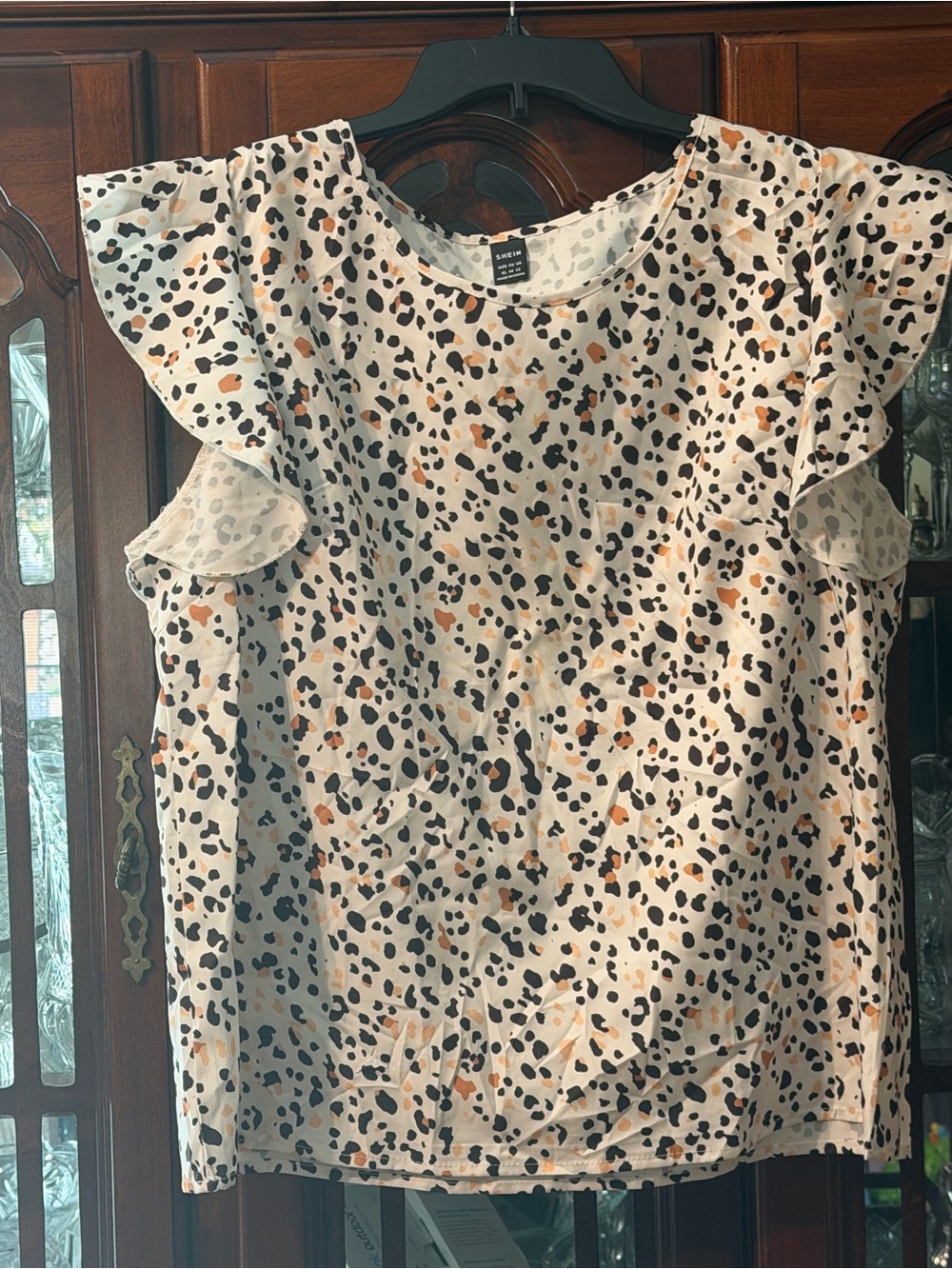 Shein Womens Cream Leopard Print Ruffle Sleeve Top